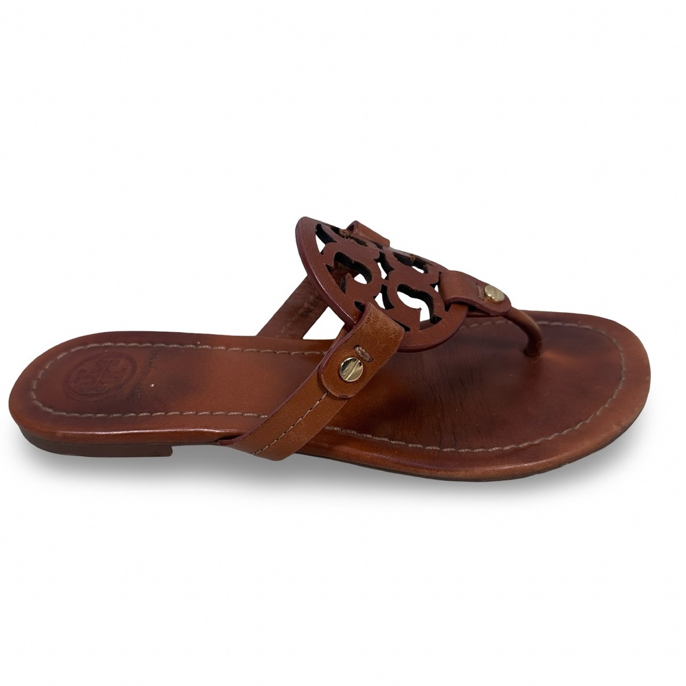 Tory Burch Miller Leather Thong Sandals Royal Tan Brown 6.5 Laser Cut Logo